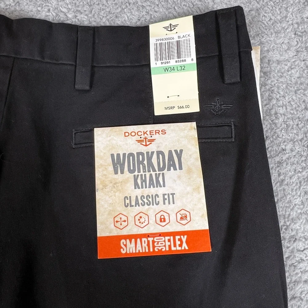 Dockers Workday Khaki Mens 34x32 Black New Classic Fit Smart 360 Flex Pants - Picture 8 of 10
